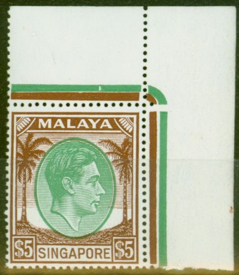 Collectible Postage Stamp from Singapore 1951 $5 Green & Brown SG30 V.F MNH Corner Marginal