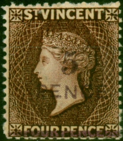 St Vincent 1892 5d on 4d Chocolate SG59 Fine VLMM . Queen Victoria (1840-1901) Mint Stamps