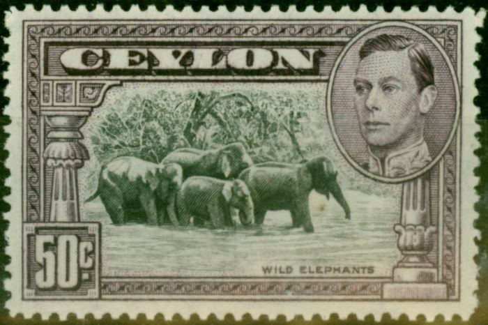 Collectible Postage Stamp Ceylon 1942 50c Black & Mauve SG394c P.14 Line Fine VLMM