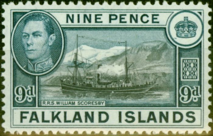 Rare Postage Stamp from Falkland Islands 1938 9d Black & Grey-Blue SG157 Very Fine MNH