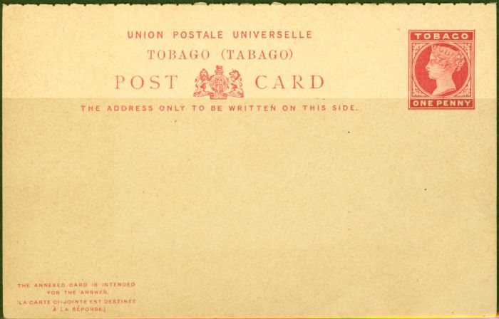 Rare Postage Stamp from Tobago 1884 1d & 1d Postal Reply Postcard Fine & Fresh