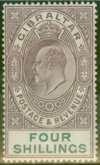 Rare Postage Stamp from Gibraltar 1903 4s Dull Purple & Green SG53 Fine & Fresh Lightly Mtd Mint (2)