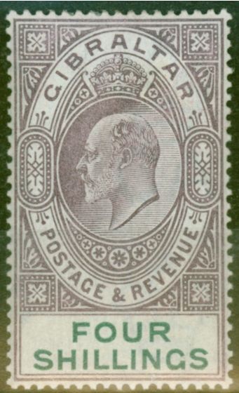 Rare Postage Stamp from Gibraltar 1903 4s Dull Purple & Green SG53 Fine & Fresh Lightly Mtd Mint