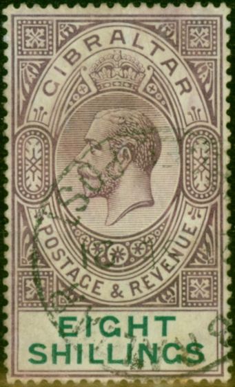 Rare Postage Stamp Gibraltar 1912 8s Dull Purple & Green SG84 Fine Used
