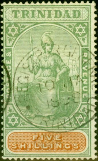 Old Postage Stamp from Trinidad 1896 5s Green & Brown SG122 V.F.U 'Registrar General' Cancel