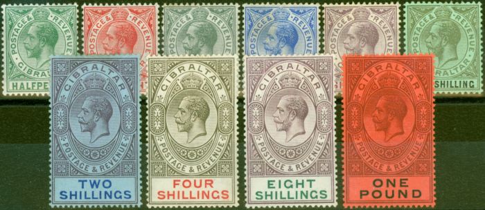 Old Postage Stamp from Gibraltar 1912-19 Set of 10 SG76-85 Fine & Fresh Lightly Mtd Mint