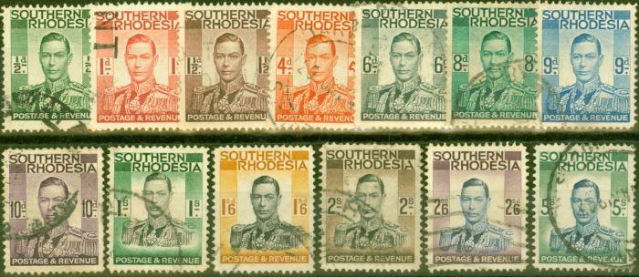 Collectible Postage Stamp from Southern Rhodesia 1937 Set of 13 SG40-52 Average Used
