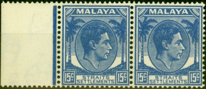 Rare Postage Stamp from Straits Settlements 1941 15c Ultramarine SG298 Fine MNH Pair