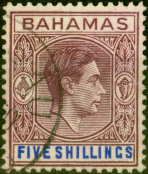 Old Postage Stamp from Bahamas 1948 5s Brown-Purple & Dp Brt Blue SG156d V.F.U