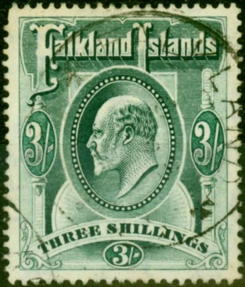 Rare Postage Stamp from Falkland Islands 1904 3s Green SG49 Very Fine Used