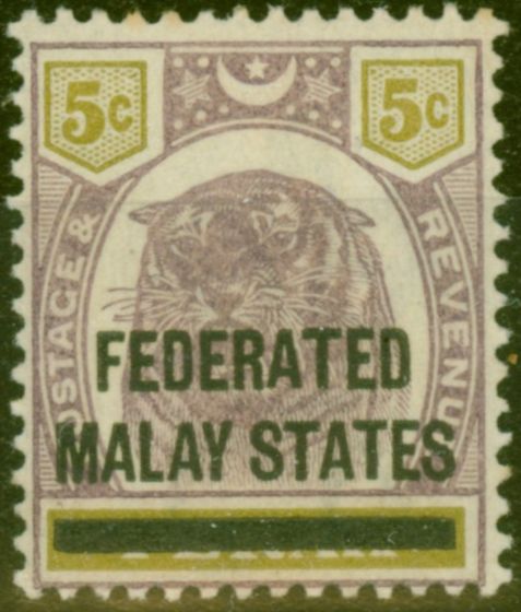 Rare Postage Stamp from Fed of Malay States 1900 5c Dull Purple & Olive-Yellow SG9 Fine Lightly Mtd Mint
