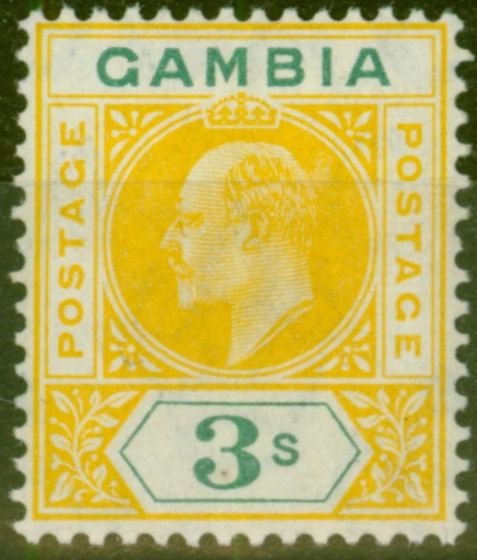 Old Postage Stamp from Gambia 1909 3s Yellow & Green SG85 Fine Mtd Mint
