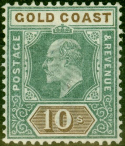 Rare Postage Stamp from Gold Coast 1902 10s Green & Brown SG47 Fine Mtd Mint