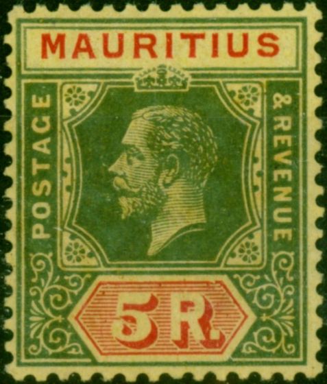 Mauritius 1921 5R on Pale Yellow SG203 V.F MNH . King George V (1910-1936) Mint Stamps