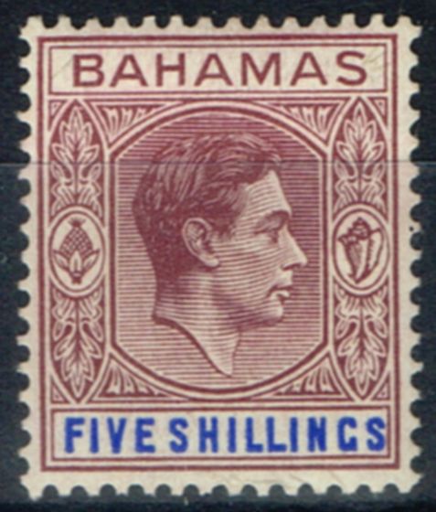 Valuable Postage Stamp from Bahamas 1946 5s Dull Mauve & Dp Blue SG156c Fine Mtd Mint