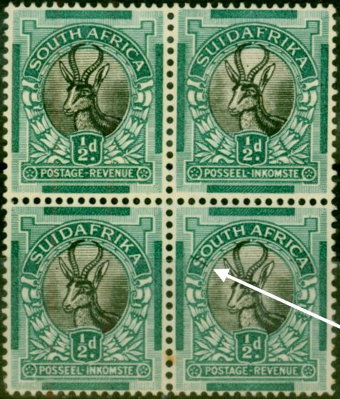 South Africa 1930 1/2d Black & Green SG42d 'Dollar Flaw' Fine Unused Block of 4  King George V (1910-1936) Valuable Stamps