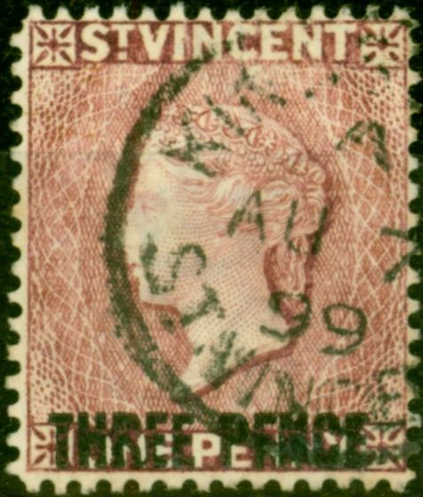 Old Postage Stamp from St Vincent 1897 3d on 1d Red-Mauve SG63a Very Fine Used