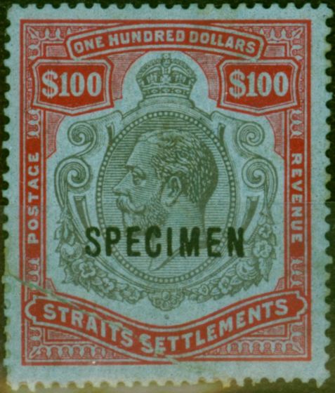Old Postage Stamp Straits Settlements 1923 $100 Black & Carmine-Blue Specimen SG240cs Poor MM Filler CV £1000