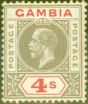 Old Postage Stamp from Gambia 1921 4s Black & Red SG117w Wmk Inverted Ave Mtd Mint