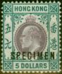 Rare Postage Stamp from Hong Kong 1903 $5 Purple & Blue-Green Specimen SG75s V.F & Fresh Lightly Mtd Mint