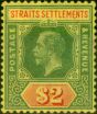 Rare Postage Stamp from Straits Settlements 1915 $2 Green & Red-Yellow SG211a Fine Lightly Mtd Mint