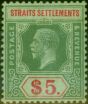 Valuable Postage Stamp Straits Settlements 1923 $5 on Emerald Back Die II SG212d Fine VLMM