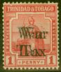 Old Postage Stamp from Trinidad & Tobago 1918 War Tax 1d SCarlet SG188a Opt Double Lightly Mtd Mint
