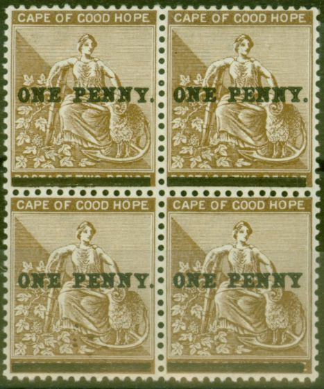 Rare Postage Stamp from Cape of Good Hope 1893 1d on 2d Pale Bistre SG57b No Stop After Penny Superb MNH Block of 4