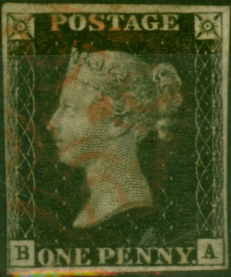 GB 1840 1d Penny Black SG2 Pl. 8 (B-A) Fine Used 4 Good-Very Close Margins Red MX . Queen Victoria (1840-1901) Used Stamps