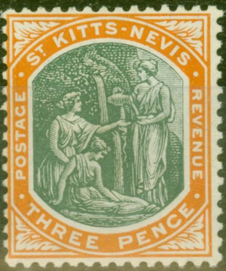 Valuable Postage Stamp from St Kitts & Nevis 1905 3d Dp Green & Orange SG18 V.F Very Lightly Mtd Mint