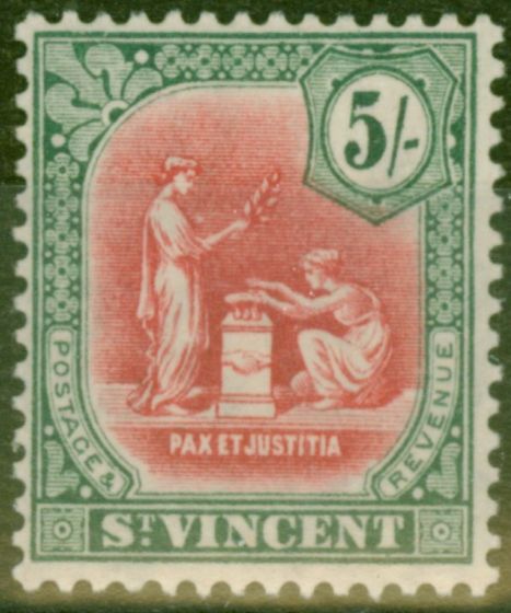 Rare Postage Stamp from St Vincent 1924 5s Carmine & Myrtle SG140 Fine Lightly Mtd Mint