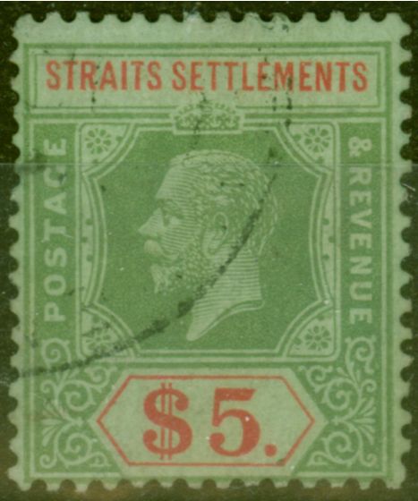 Old Postage Stamp from Straits Settlements 1923 $5 on Emerald Back Die II SG212d Fine Used