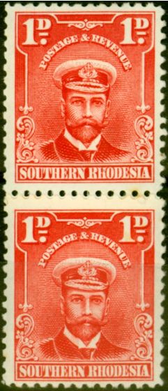Old Postage Stamp from Southern Rhodesia 1929 1d Bright Rose SG2c P.12.5 Coil Join Pair Fine Very Lightly Mtd Mint