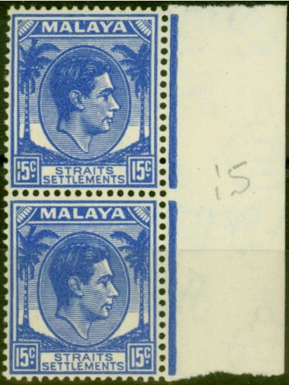 Rare Postage Stamp from Straits Settlements 1941 15c Ultramarine SG298 Fine VLMM Pair