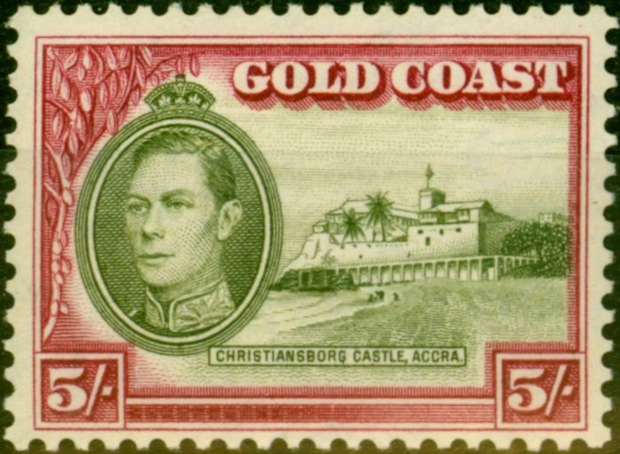 Old Postage Stamp from Gold Coast 1938 5s Olive-Green & Carmine SG131 P.12 Good MNH