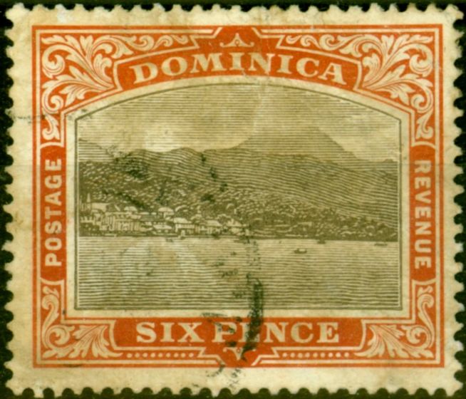 Rare Postage Stamp from Dominica 1907 6d Black & Chestnut SG42 Average Used