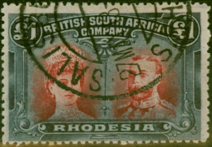 Rare Postage Stamp Rhodesia 1910 £1 Rose-Scarlet & Bluish Black SG166 Fine Used