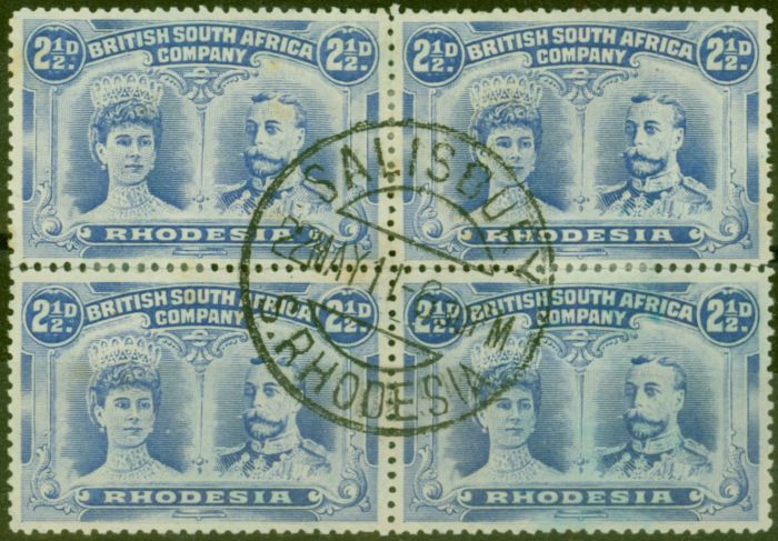 Rare Postage Stamp from Rhodesia 1910 2 1/2d Chalky Blue SG133 Good Used Re-Joined Block of 4