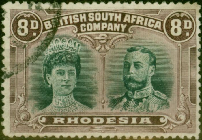 Rare Postage Stamp Rhodesia 1910 8d Greenish Black & Purple SG148 Fine Used
