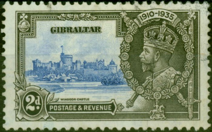 Old Postage Stamp Gibraltar 1935 2d Ultramarine & Grey-Black SG114c 'Lightning Conductor' Fine Used