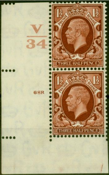 Rare Postage Stamp GB 1934 1 1/2d Red-Brown SG441 CTL V34 CYL 68R Very Fine MNH