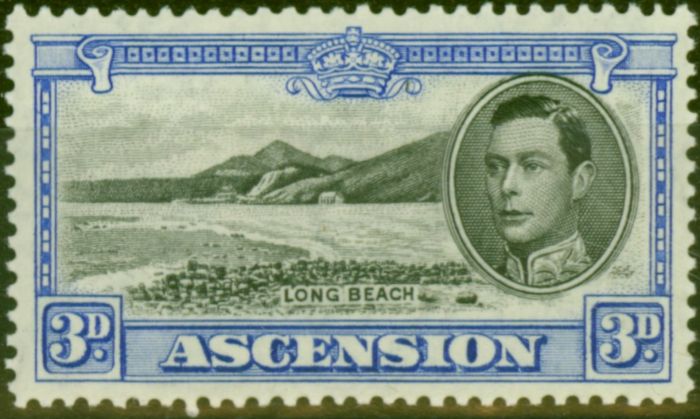 Old Postage Stamp from Ascension 1938 3d Black & Ultramarine SG42 Fine Very LMM