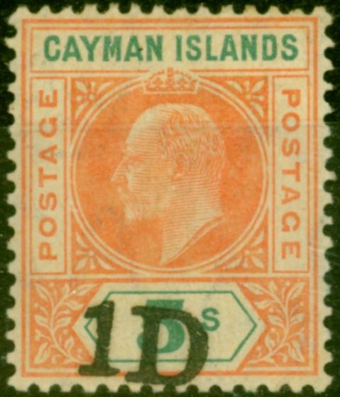 Old Postage Stamp from Cayman Islands 1907 1d on 5s Salmon & Green SG19 Good Mtd Mint