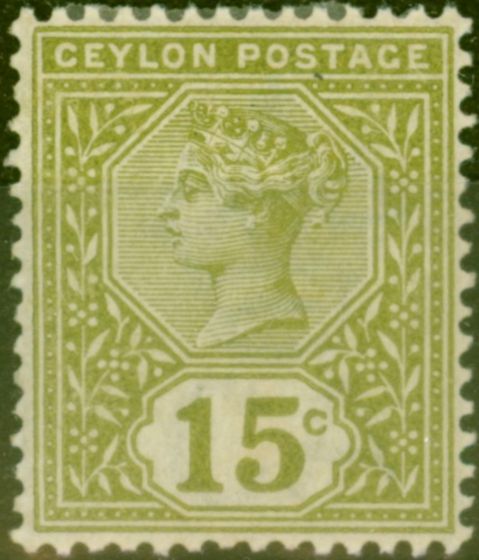 Rare Postage Stamp from Ceylon 1886 15c Sage-Green SG196 Good Mtd Mint