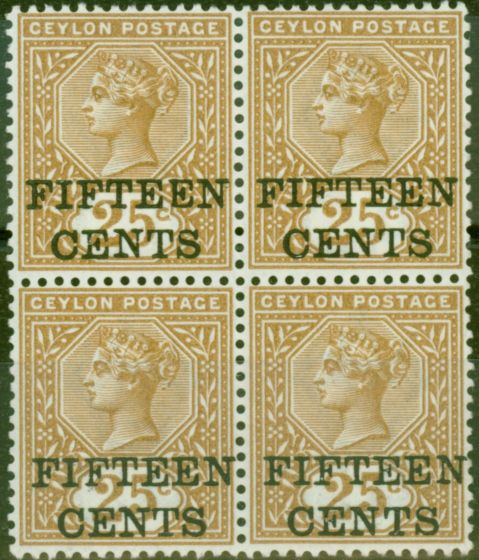 Collectible Postage Stamp from Ceylon 1891 15c on 25c Yellow-Brown SG239 Fine Lightly Mtd Mint Block of 4