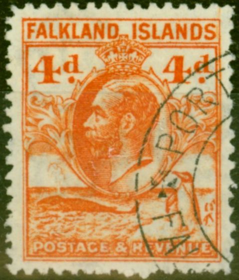 Collectible Postage Stamp from Falkland Islands 1937 4d Deep Orange SG120a P.13.5 V.F.U