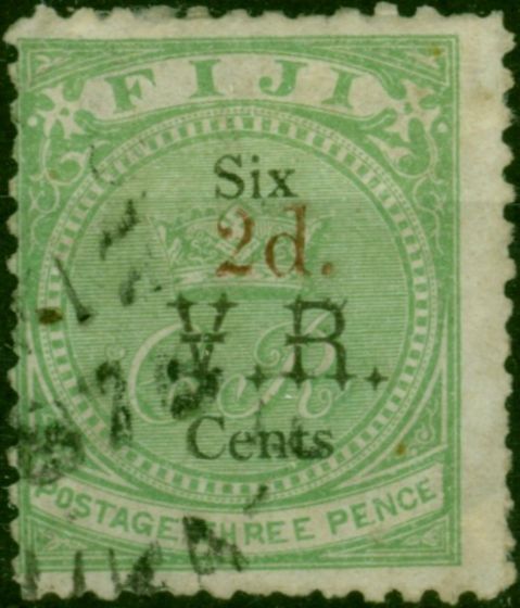 Fiji 1875 2d on 6c on 3d Green SG22 Fine Used. Queen Victoria (1840-1901) Used Stamps
