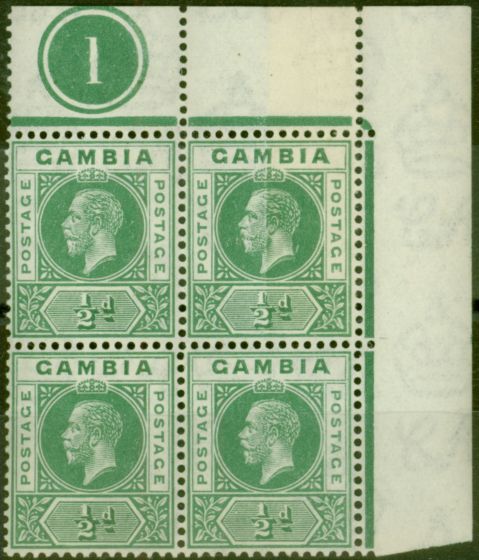 Rare Postage Stamp from Gambia 1921 1/2d Dull Green SG108Var Pre-Printing Paper Join in a V.F MNH Pl 1 Block of 4