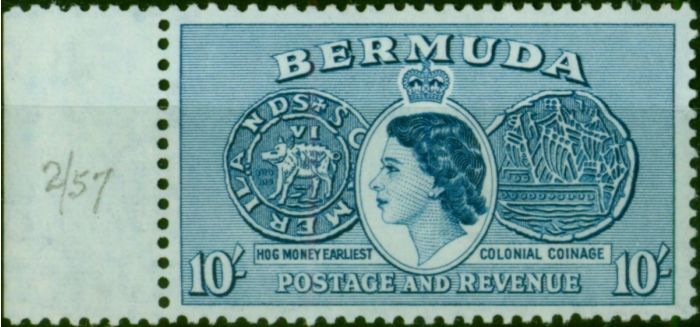Bermuda 1957 10s Ultramarine SG149a V.F MNH. Queen Elizabeth II (1952-2022) Mint Stamps