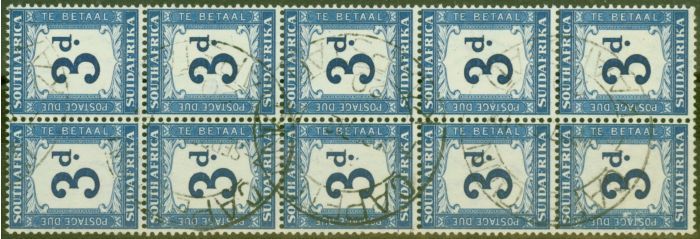 Old Postage Stamp from South Africa 1942 3d Indigo & Milky Blue SGD28w Wmk Upright V.F.U Block of 10
